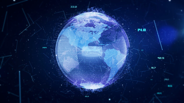 Globo digital con puntos de datos usado como imagen editorial para búsqueda e investigación con IA.